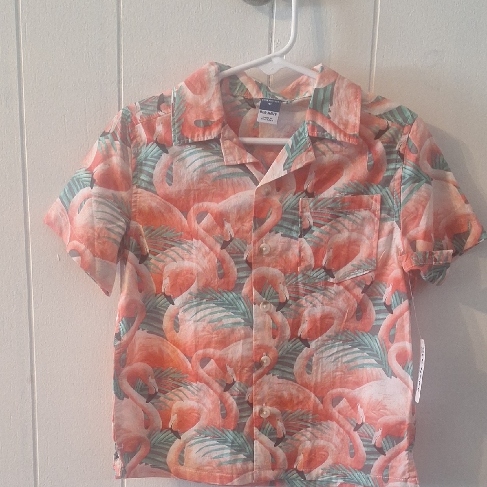 The Children's Place Pink and Green Flamingo Button Down Shirt